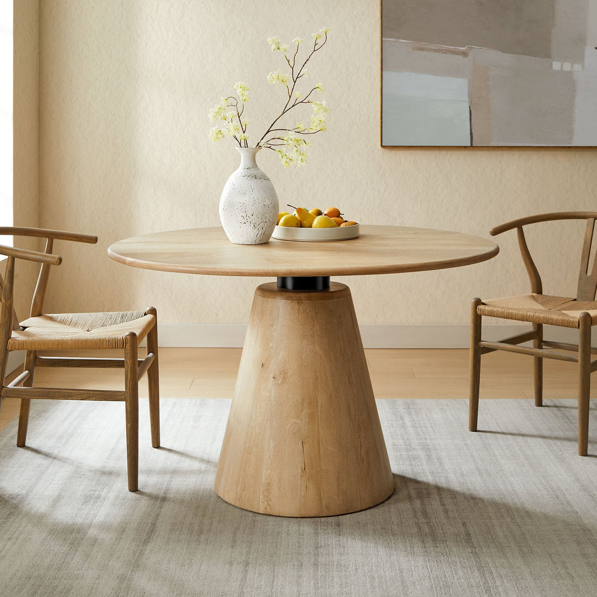 Sabelle 47in Round Wood Dining Table with pedestal base, natural oak finish, 2 woven chairs on Tampa Home & Garden Store