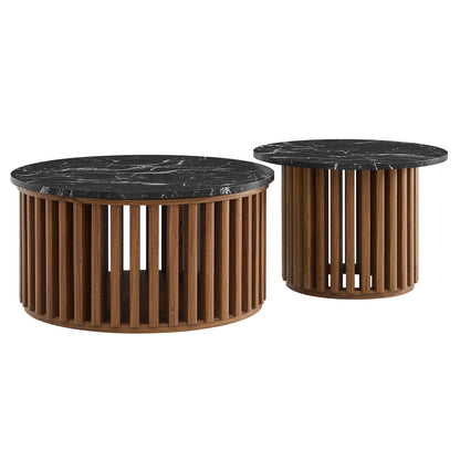 Fortitude round faux marble nesting coffee tables set by HouseOfZazla, 2 tables with wood slat bases on Tampa Home & Garden Store