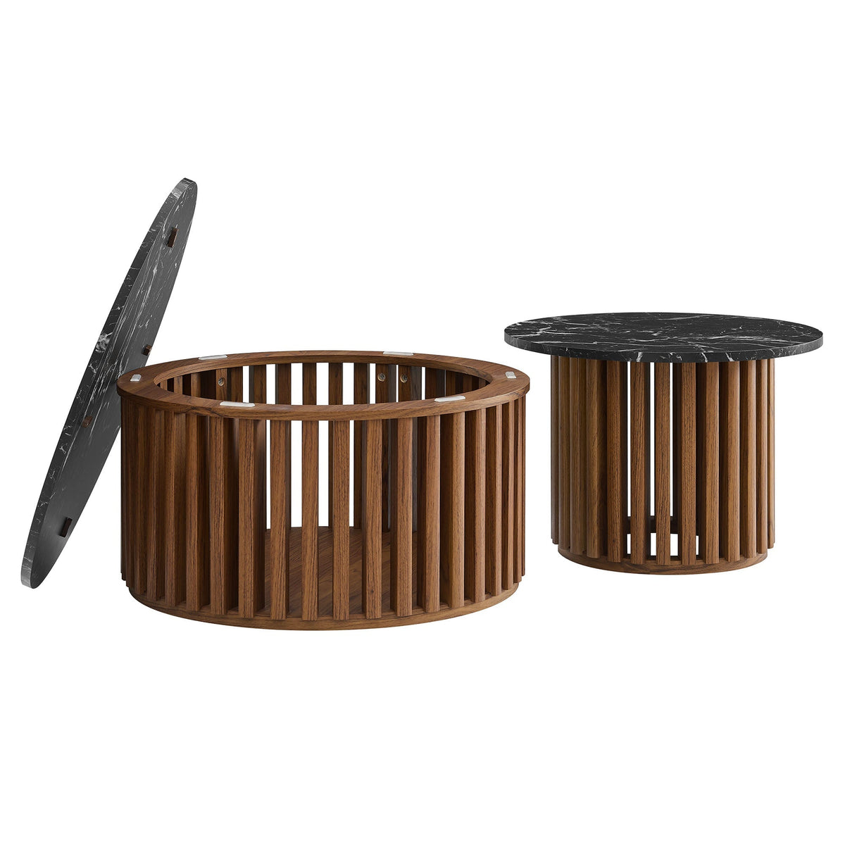 Fortitude round faux marble nesting coffee table set by Modway with walnut slat bases, 3-piece on Tampa Home & Garden Store