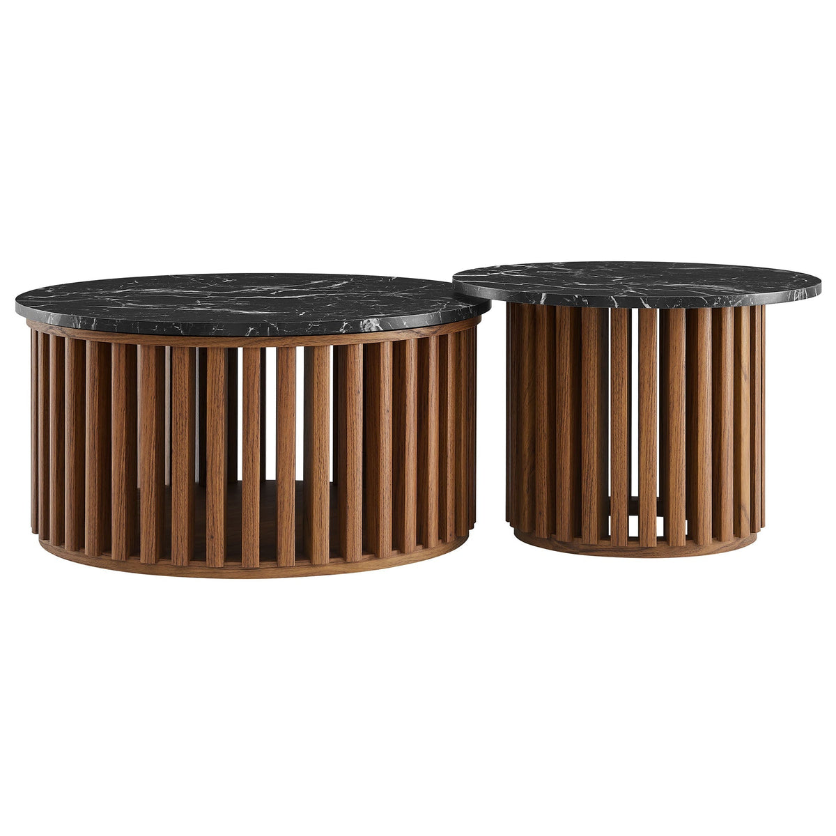 Fortitude round faux marble top nesting coffee tables with black wood slat bases two-table set on Tampa Home & Garden Store