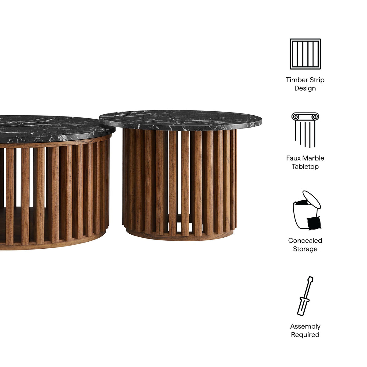 Fortitude round faux marble top nesting coffee tables with two black-veined tops and slat bases on Tampa Home & Garden Store