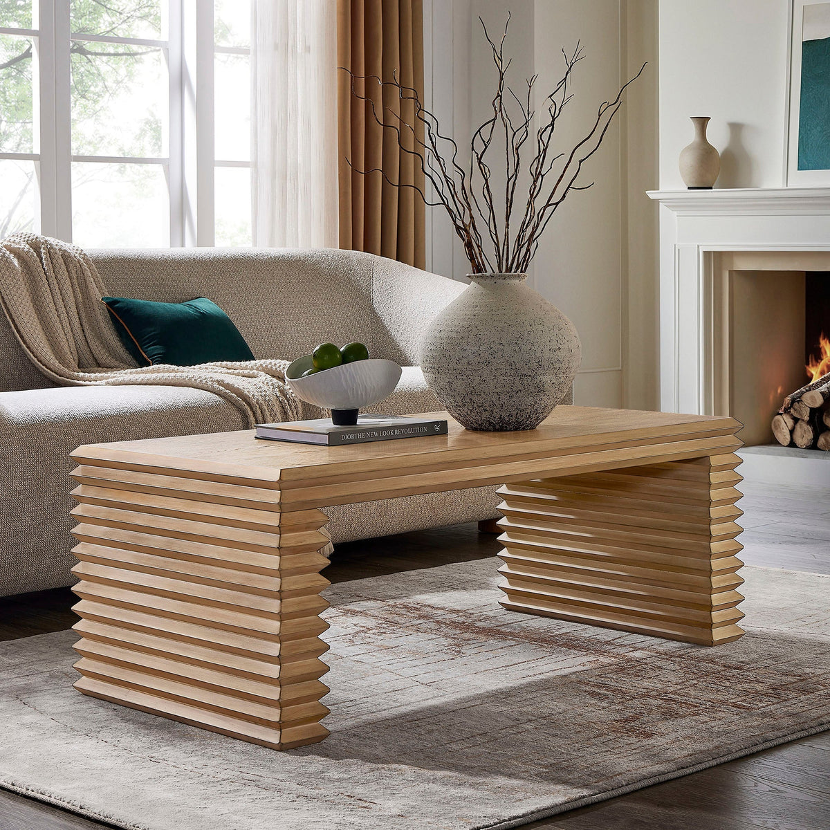 Canto rectangular stacked design coffee table with natural wood layered slat base on Tampa Home & Garden Store