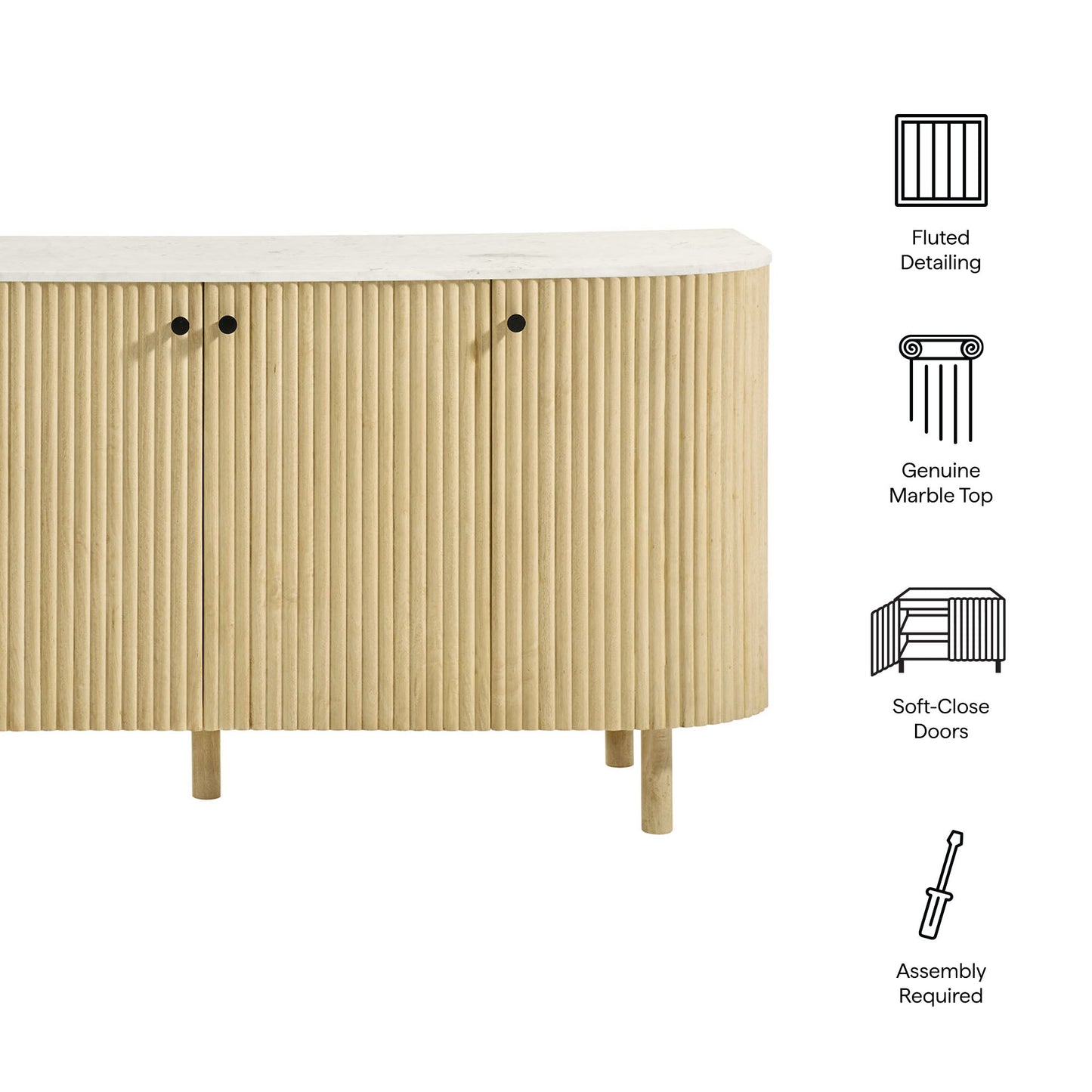 Caldera 60-inch curved solid wood and marble sideboard with fluted front and black knobs on Tampa Home & Garden Store