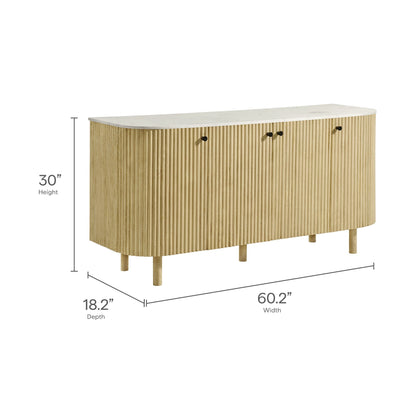 Caldera 60in curved solid wood and marble sideboard by Modway; ribbed natural wood base, marble top on Tampa Home & Garden Store