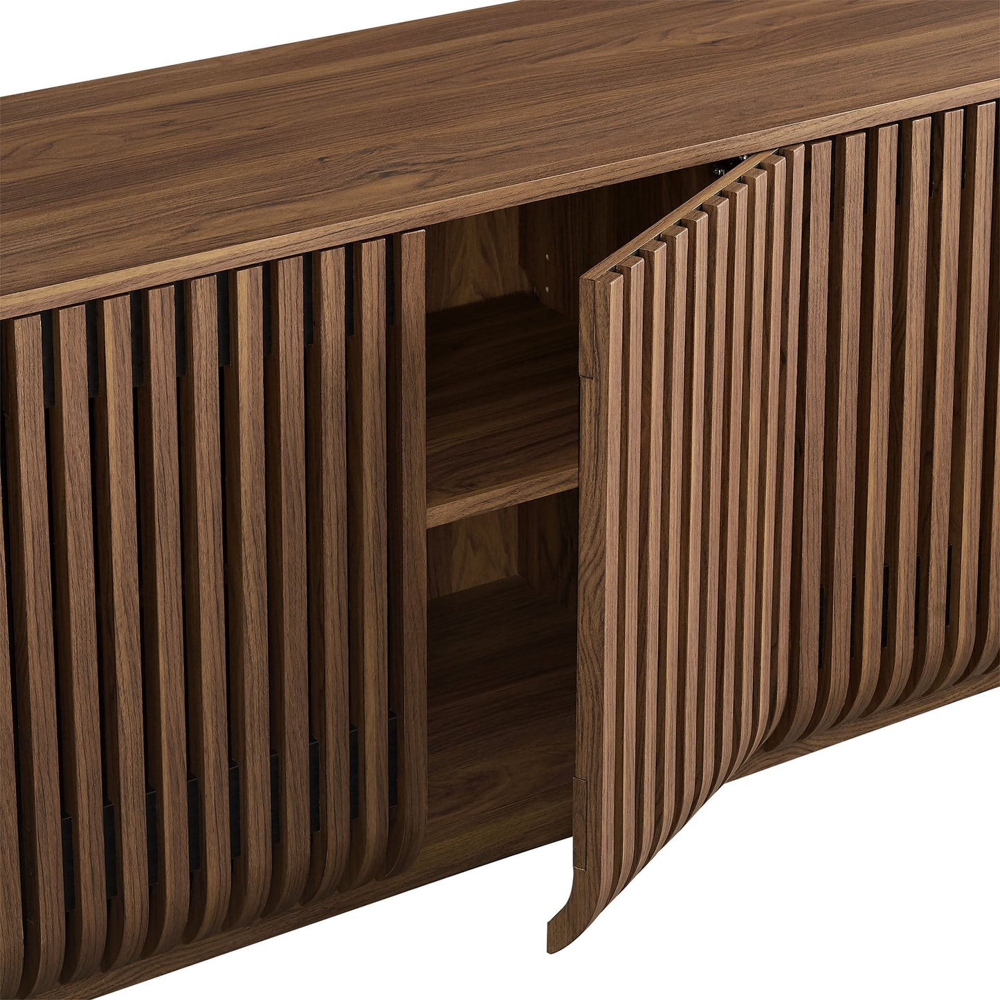 Fortitude 75in curved sideboard storage cabinet with walnut finish and vertical slatted panels on Tampa Home & Garden Store