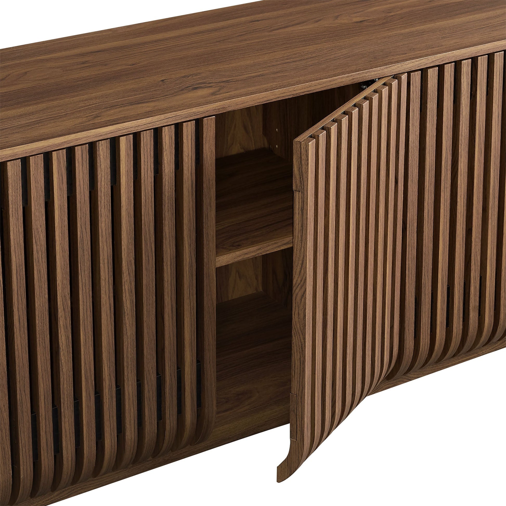 Fortitude 75in curved sideboard storage cabinet with walnut finish and vertical slatted panels on Tampa Home & Garden Store