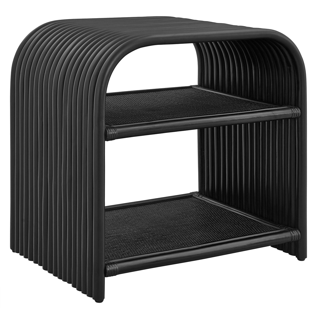 Eve curved natural rattan side table by Modway black ribbed frame with lower mesh shelf on Tampa Home & Garden Store
