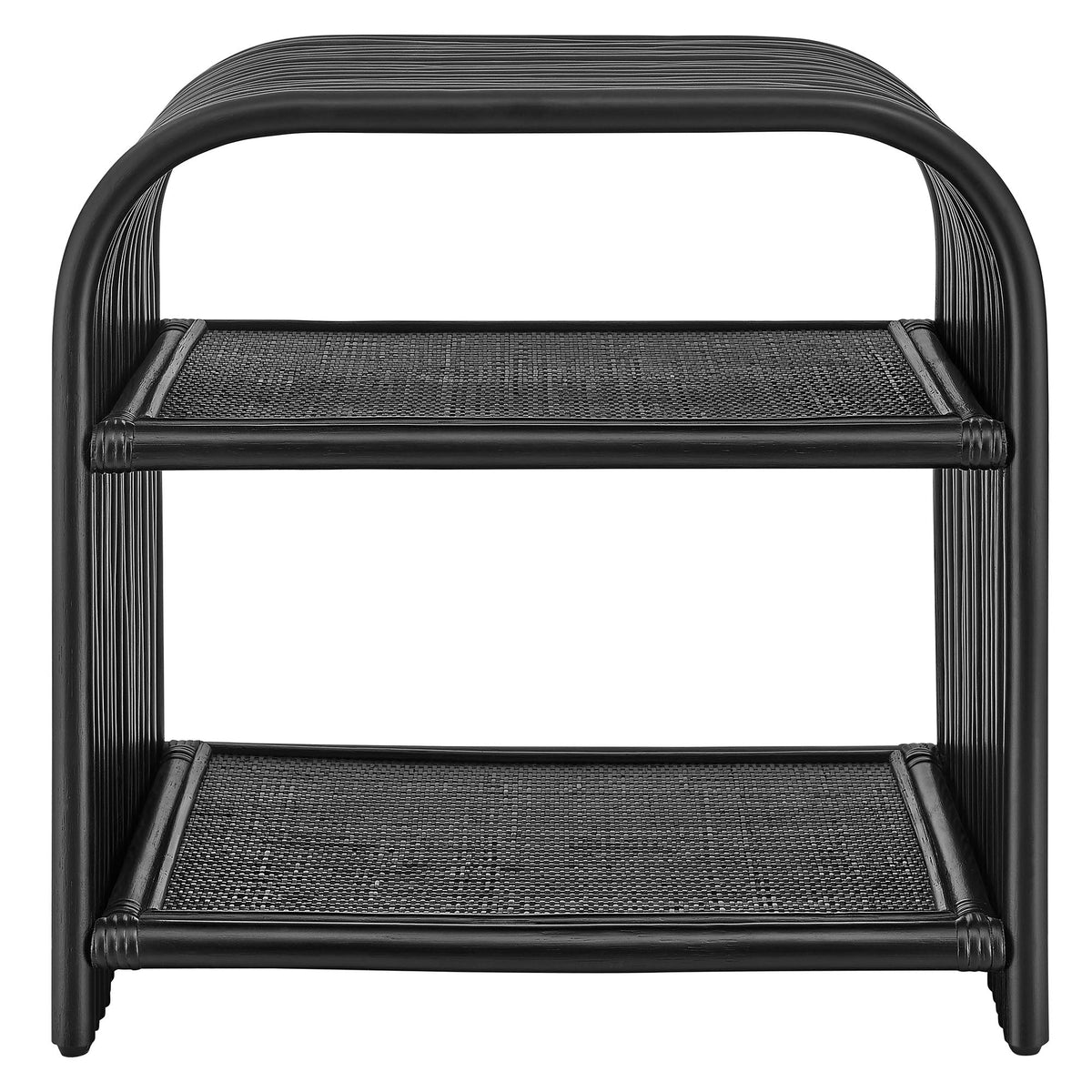 Eve Curved Natural Rattan Side Table by Modway, black woven shelf with curved frame on Tampa Home & Garden Store