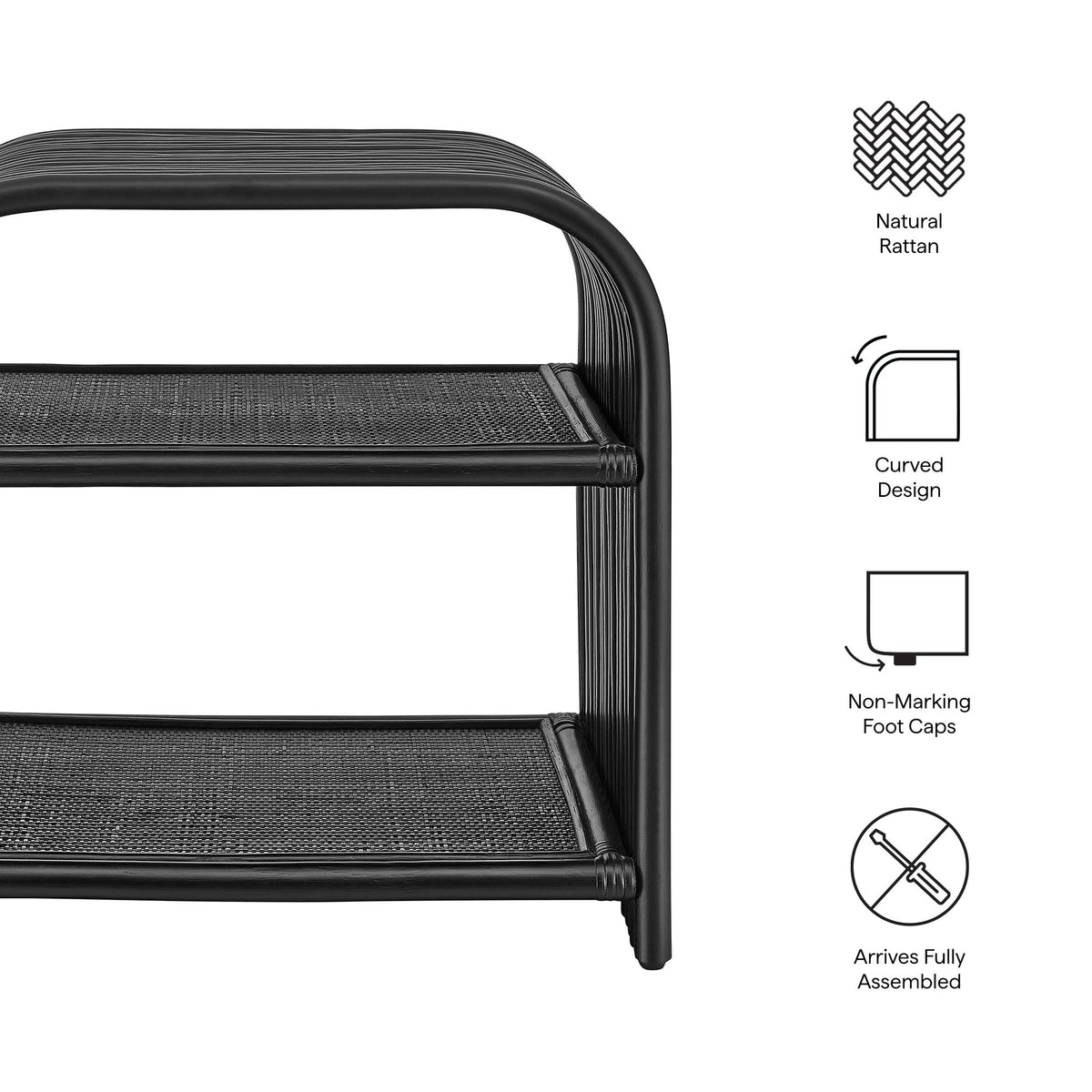 Eve Curved Natural Rattan Side Table black metal-frame nightstand, curved design on Tampa Home & Garden Store