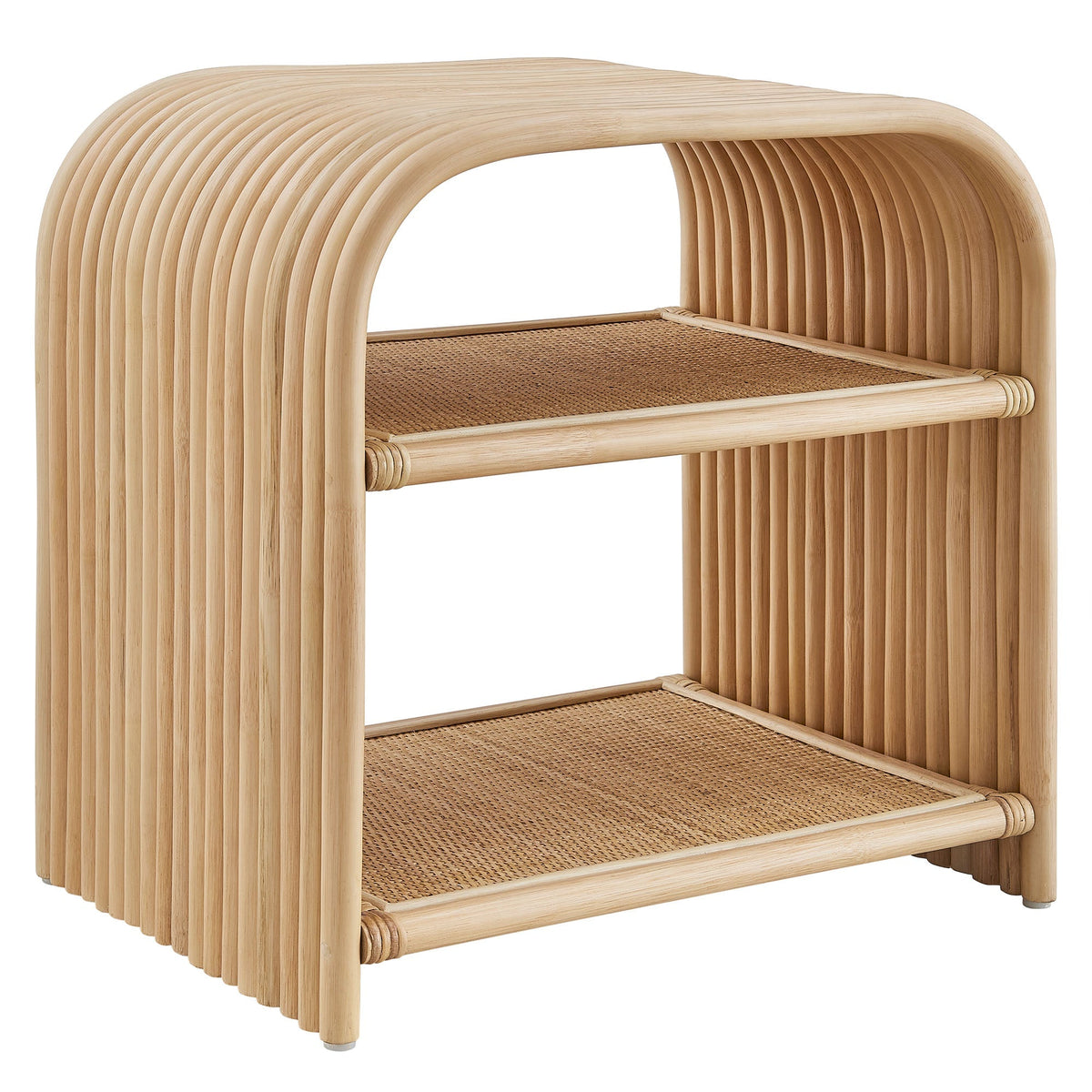Eve Curved Natural Rattan Side Table with open slatted sides and woven shelf on Tampa Home & Garden Store