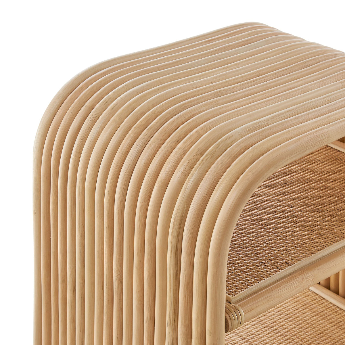 Eve Curved Natural Rattan Side Table by Modway, curved slatted rattan top with woven shelf on Tampa Home & Garden Store