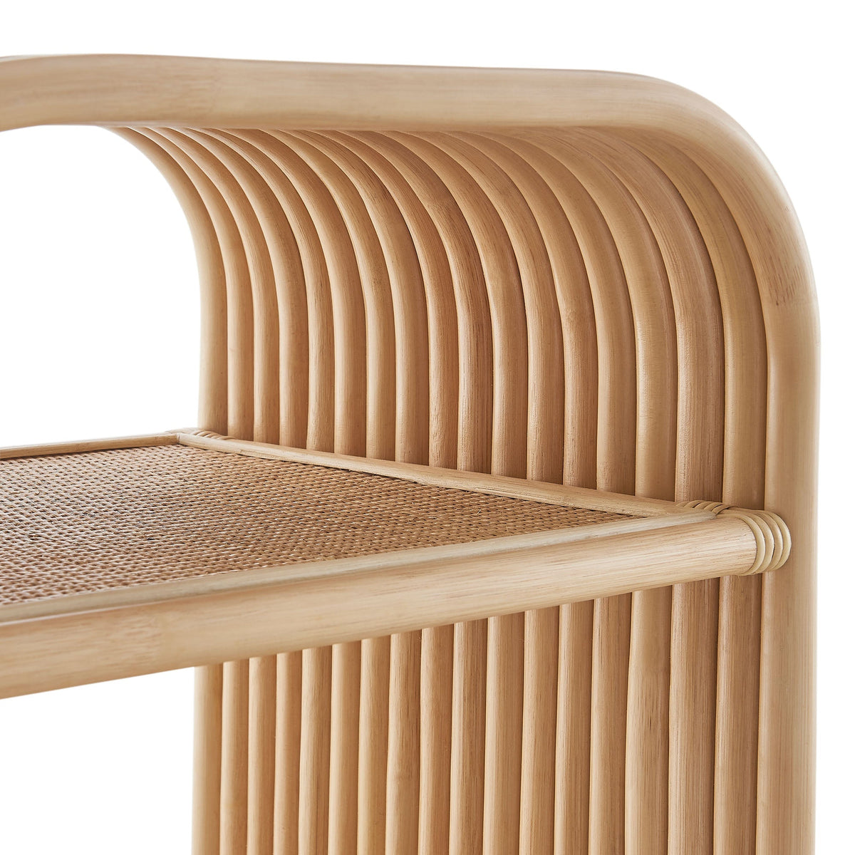 Eve curved natural rattan side table with ribbed slats and woven cane shelf by Modway on Tampa Home & Garden Store