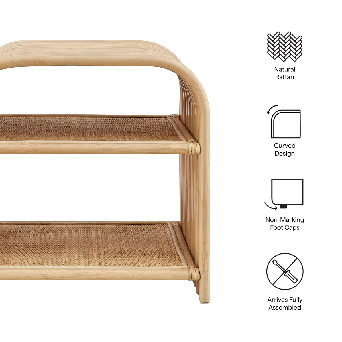 Eve curved natural rattan side table by Modway with woven shelf in natural finish on Tampa Home & Garden Store