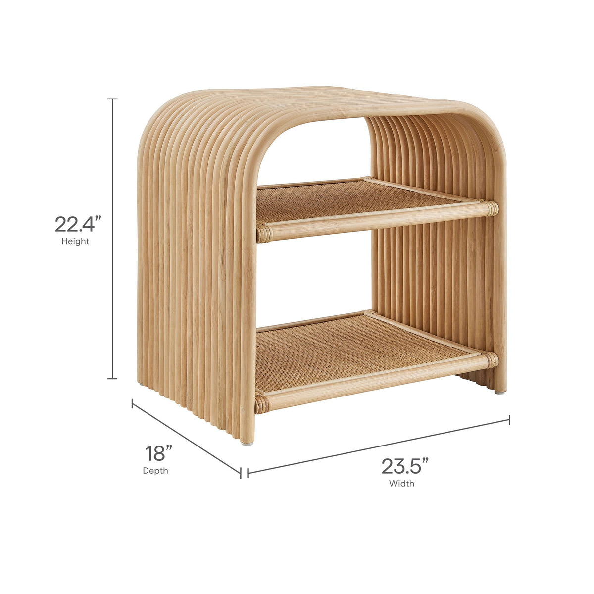 Eve curved natural rattan side table with two-tier cane-woven shelves on Tampa Home & Garden Store