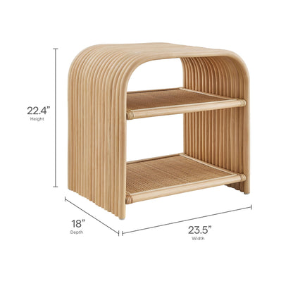 Eve curved natural rattan side table with two-tier cane-woven shelves on Tampa Home & Garden Store