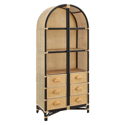 Jane 71 Inch Tall Arched Natural Rattan Bookshelf with black metal frame and four woven drawers on Tampa Home & Garden Store