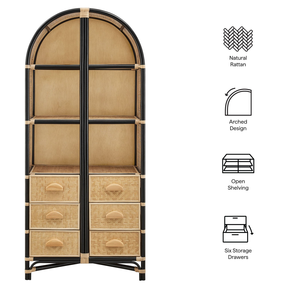Jane 71 Inch Tall Arched Natural Rattan Bookshelf by Modway, woven-front drawers on Tampa Home & Garden Store