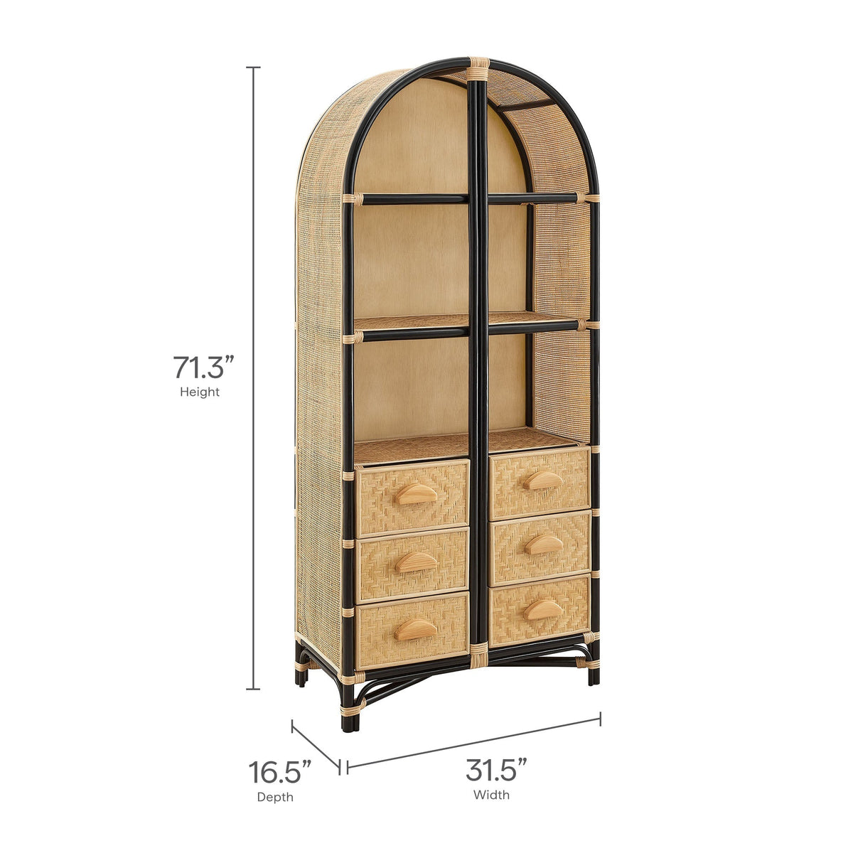 Jane 71in arched natural rattan bookshelf with black metal frame and woven drawer fronts on Tampa Home & Garden Store