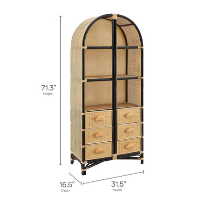 Jane 71in arched natural rattan bookshelf with black metal frame and woven drawer fronts on Tampa Home & Garden Store