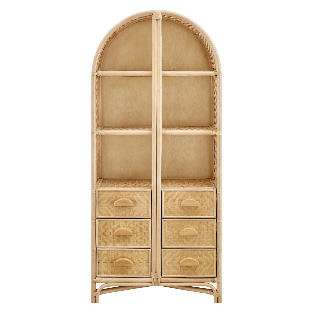 Jane 71 Inch Arched Natural Rattan Bookshelf HouseOfZazla arched frame with woven drawers on Tampa Home & Garden Store