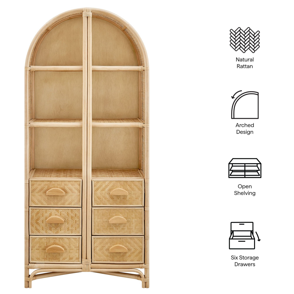 Jane 71-Inch Tall Arched Natural Rattan Bookshelf by Modway for living room on Tampa Home & Garden Store