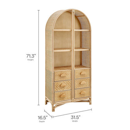 Jane 71 Inch Arched Rattan Bookshelf with woven panels and bottom drawers by HouseOfZazla on Tampa Home & Garden Store