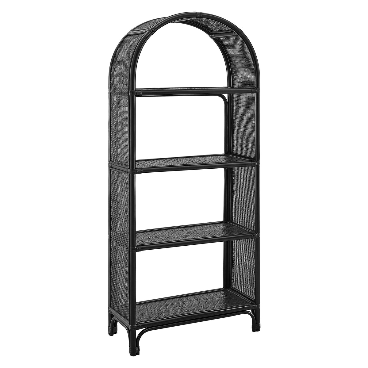Celeste 67 Inch Tall Arched Natural Rattan Bookshelf with black frame and woven panels on Tampa Home & Garden Store