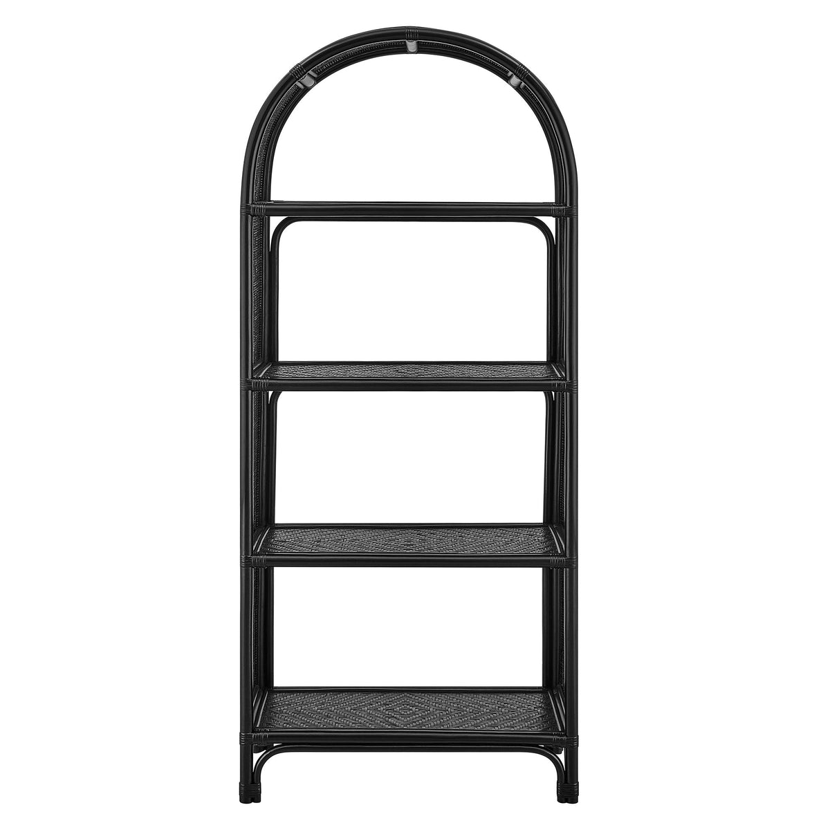 Celeste 67 inch tall arched black rattan bookshelf with two woven shelves by Modwave on Tampa Home & Garden Store