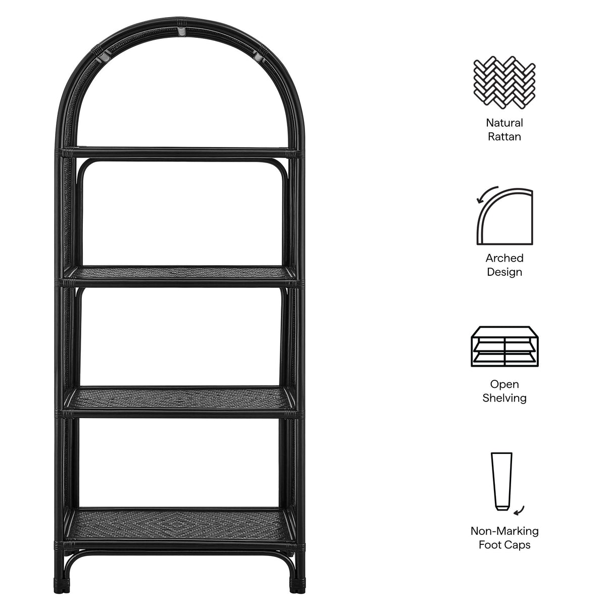 Celeste 67 Inch Tall Arched Natural Rattan Bookshelf by Modway, black rattan frame on Tampa Home & Garden Store