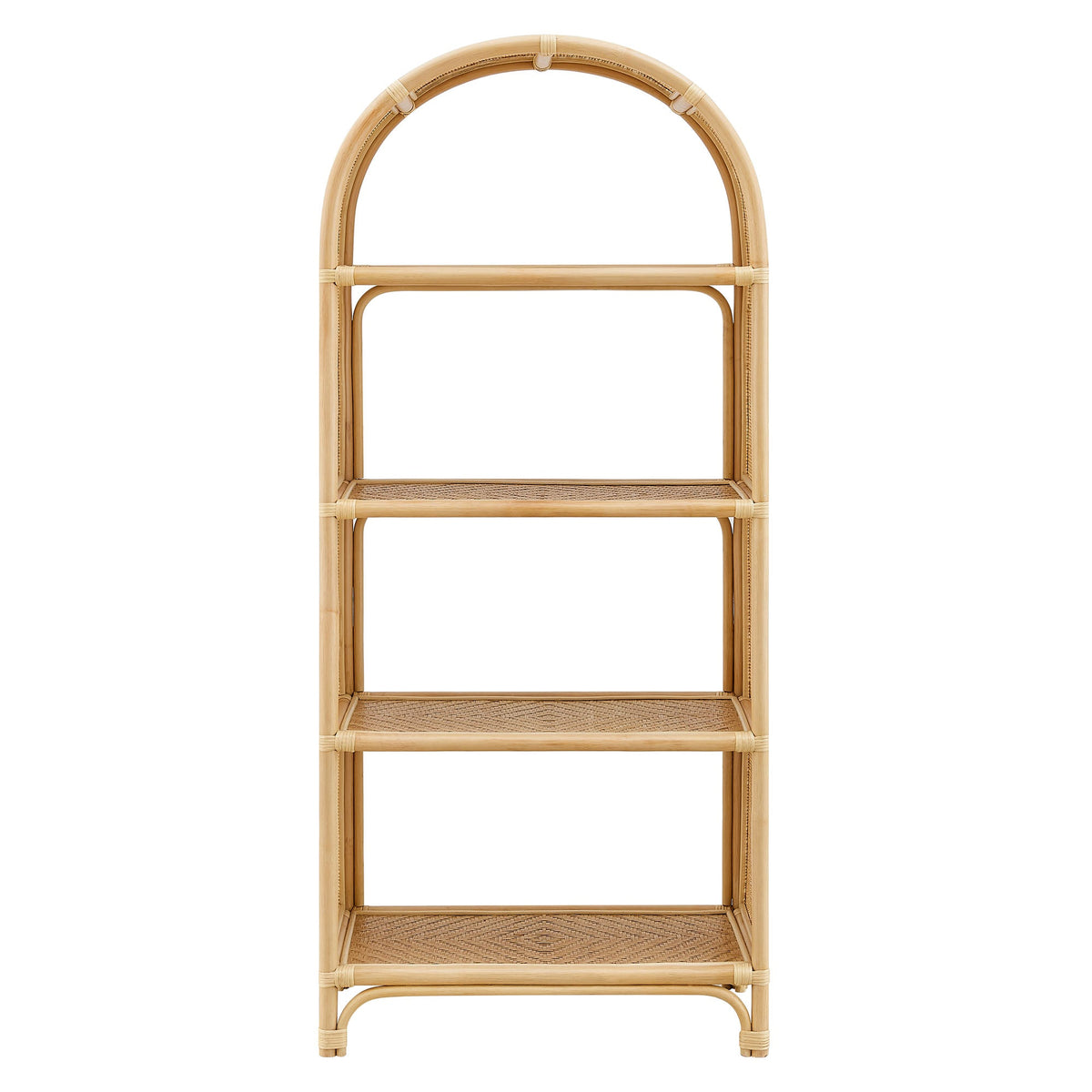 Celeste 67 Inch Arched Natural Rattan Bookshelf with woven lower shelf on Tampa Home & Garden Store