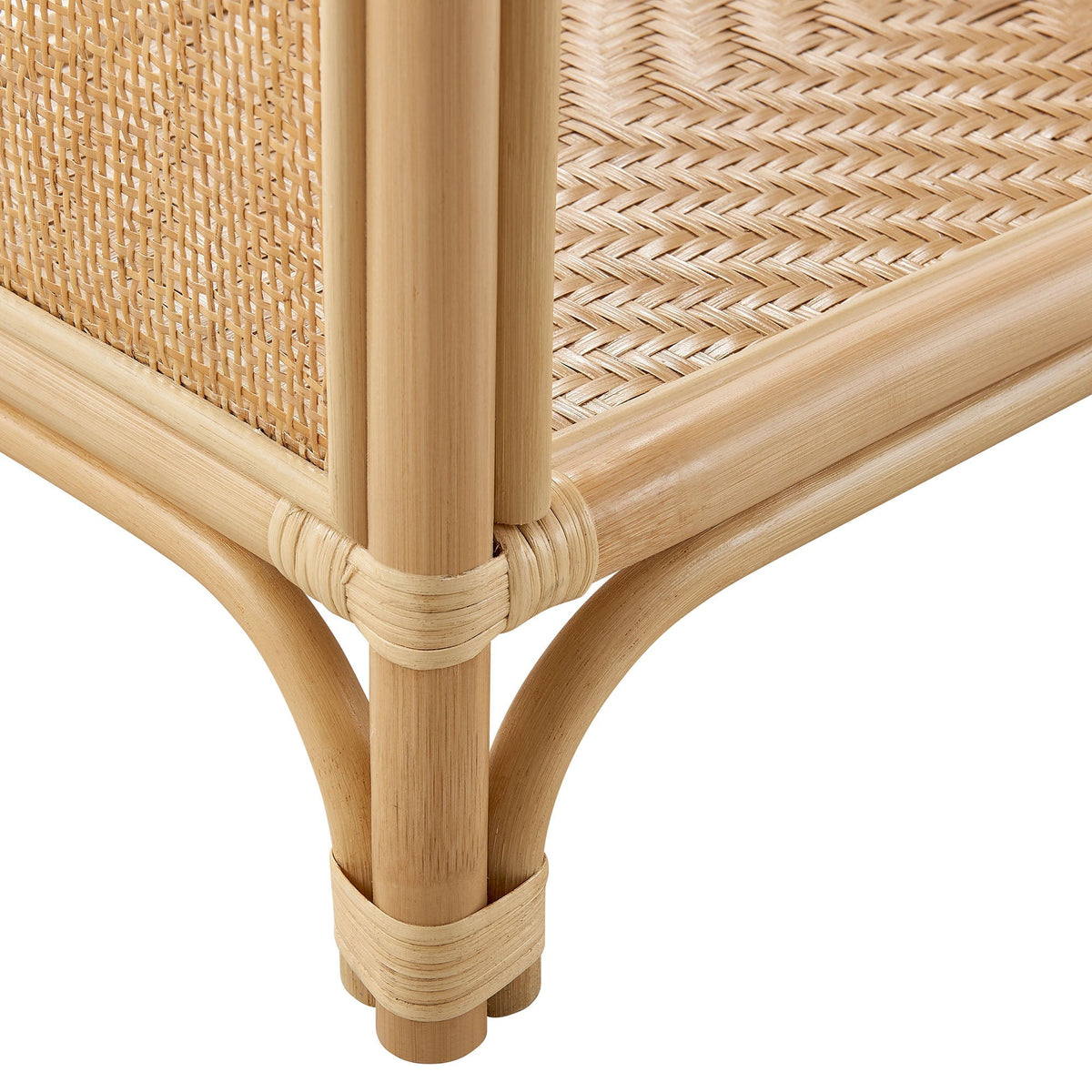 Celeste 67 Inch Tall Arched Natural Rattan Bookshelf with woven panels and bamboo frame on Tampa Home & Garden Store