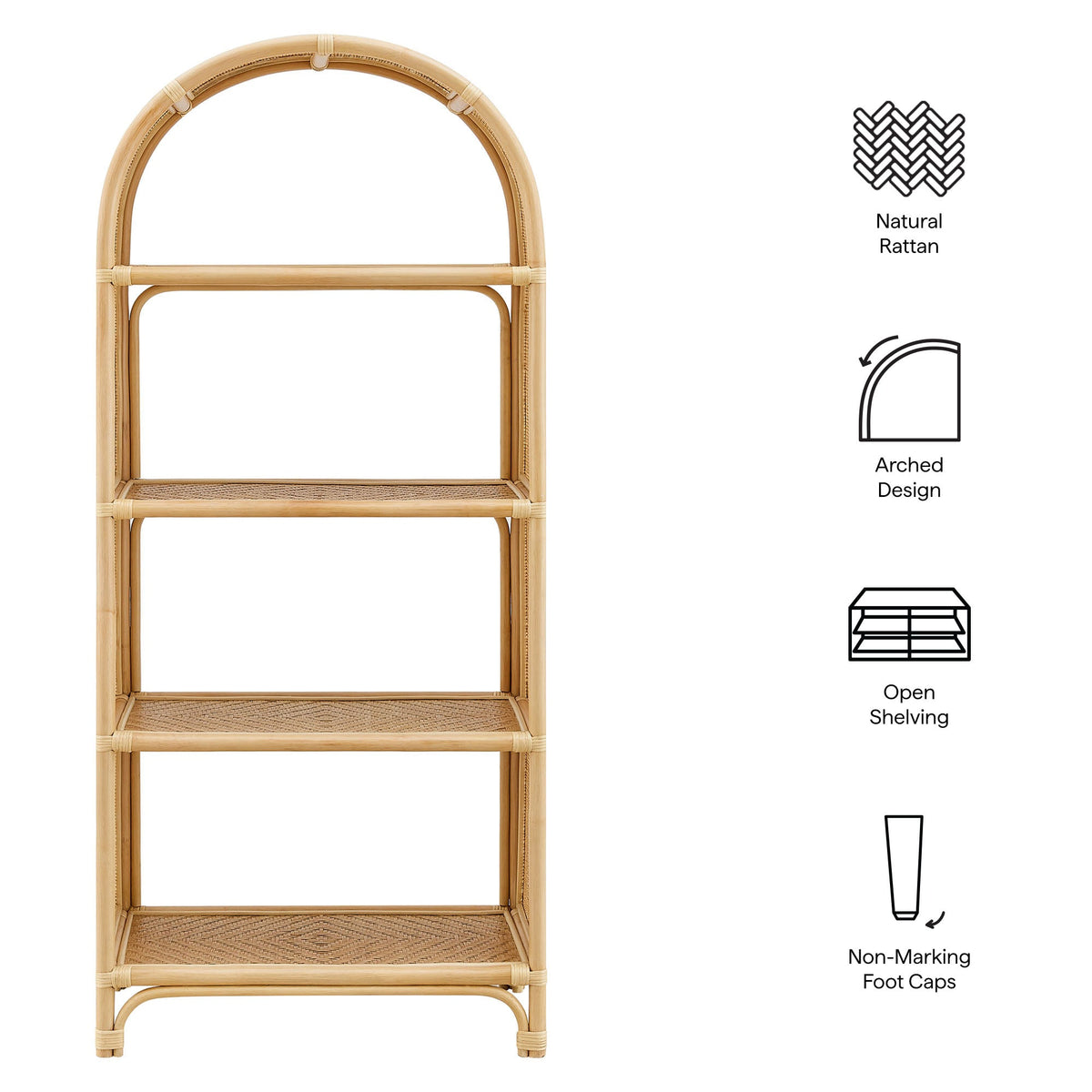 Celeste 67 Inch Tall Arched Natural Rattan Bookshelf, natural rattan, arched design on Tampa Home & Garden Store