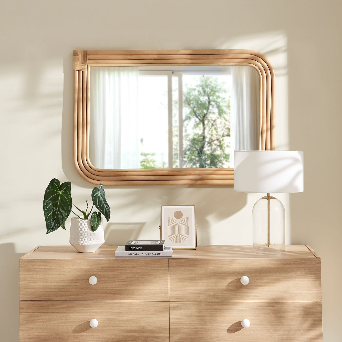 Corsica curved rectangle rattan wall mirror by Modway in natural beige frame for bedroom decor on Tampa Home & Garden Store