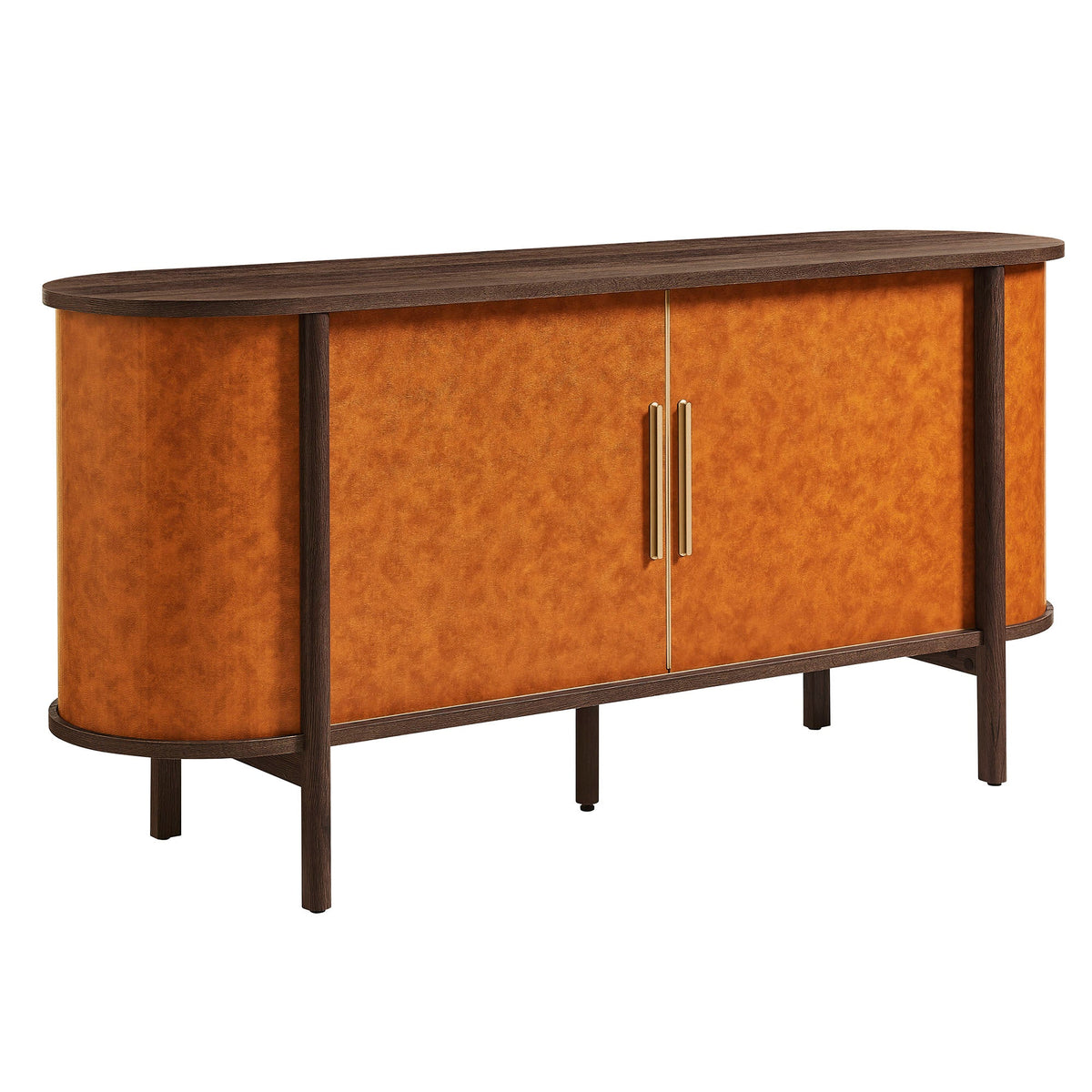 Coralie Curved Vegan Leather Oval Sideboard orange panels with dark walnut frame buffet on Tampa Home & Garden Store