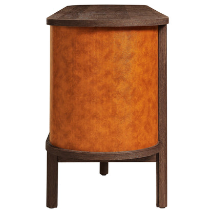 Coralie curved vegan leather oval sideboard with burnt orange upholstery and dark wood trim on Tampa Home & Garden Store