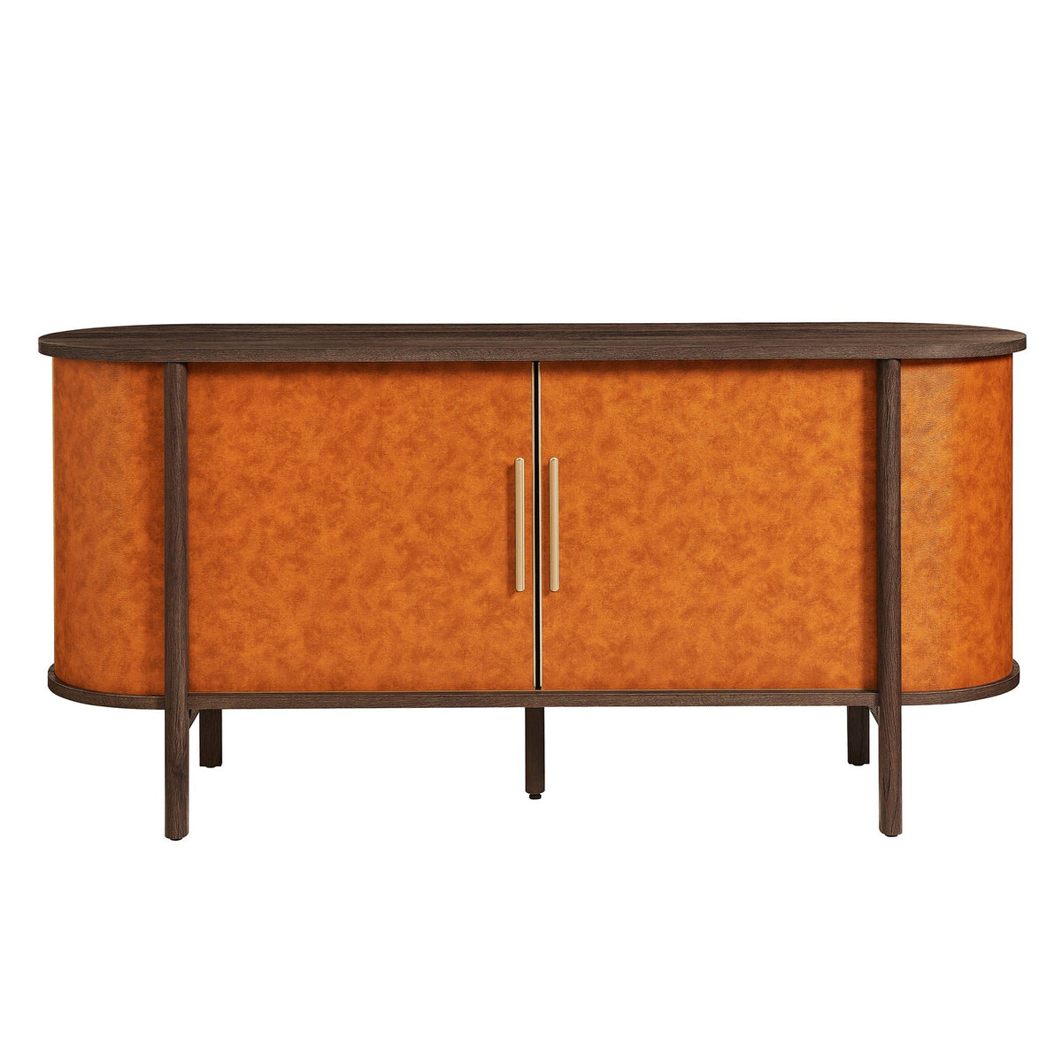 Coralie curved vegan leather oval sideboard with dark wood top and orange panels on Tampa Home & Garden Store