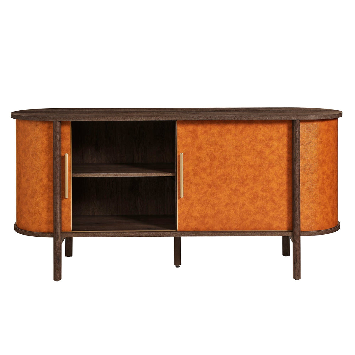 Coralie curved vegan leather oval sideboard with amber panels and dark wood frame on Tampa Home & Garden Store