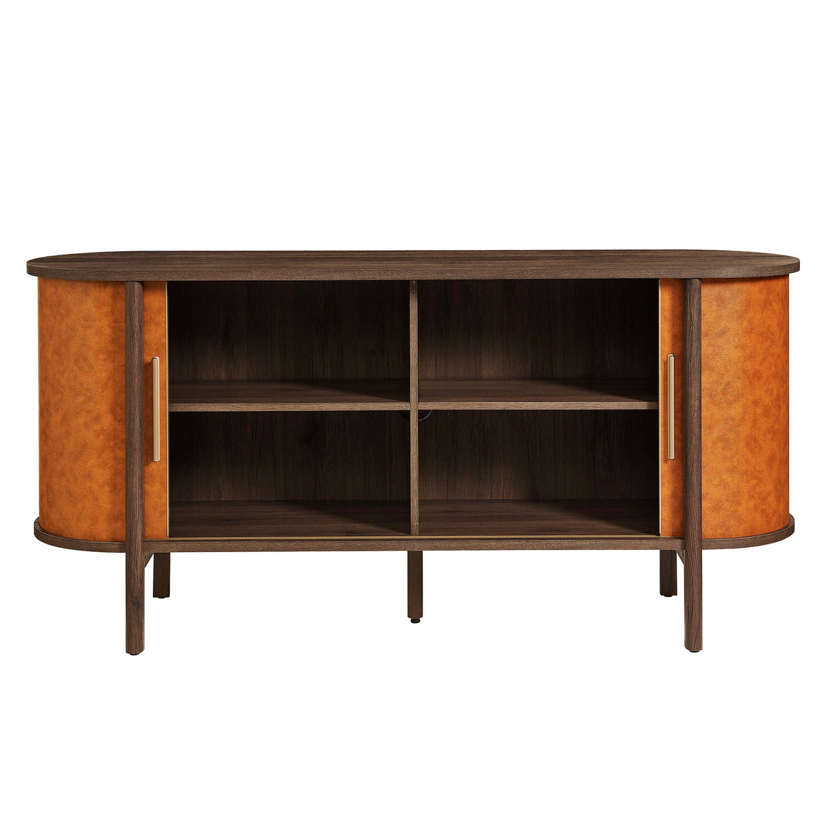 Coralie curved vegan leather oval sideboard with dark wood top and tan leather sides on Tampa Home & Garden Store