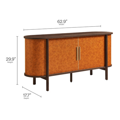 Coralie curved vegan leather oval sideboard in burnt orange with dark walnut trim on Tampa Home & Garden Store