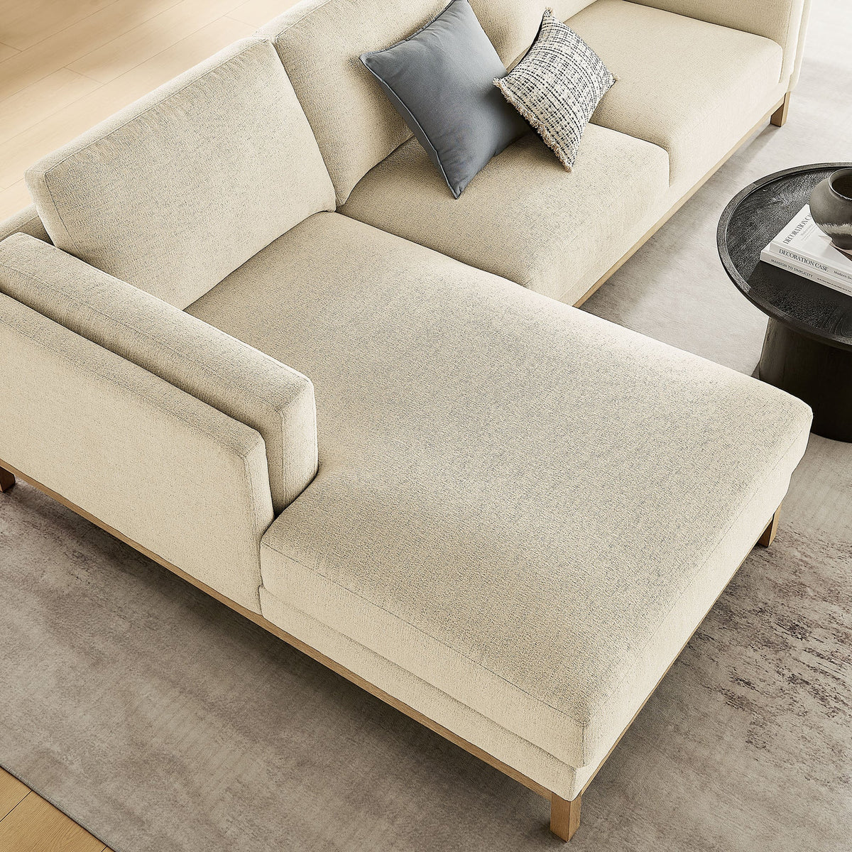 Roscoe left-facing beige fabric sectional sofa with chaise, two cushions blue-gray and woven on Tampa Home & Garden Store