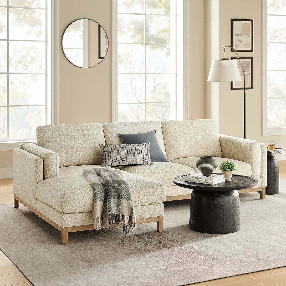 Roscoe left-facing fabric sectional sofa with chaise in beige upholstery by HouseOfZazla on Tampa Home & Garden Store