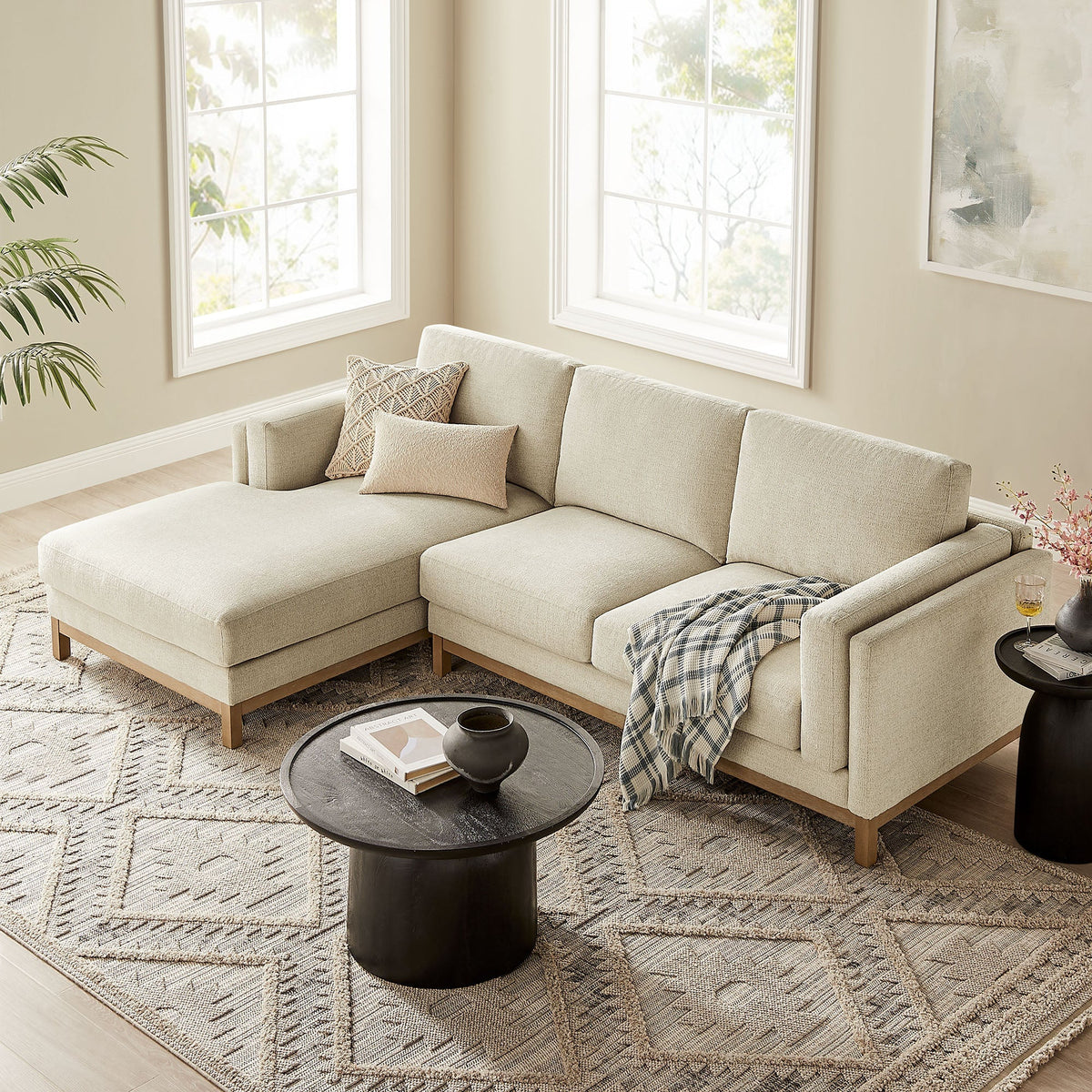 Roscoe left-facing beige fabric sectional sofa with chaise by Modway in a bright living room on Tampa Home & Garden Store