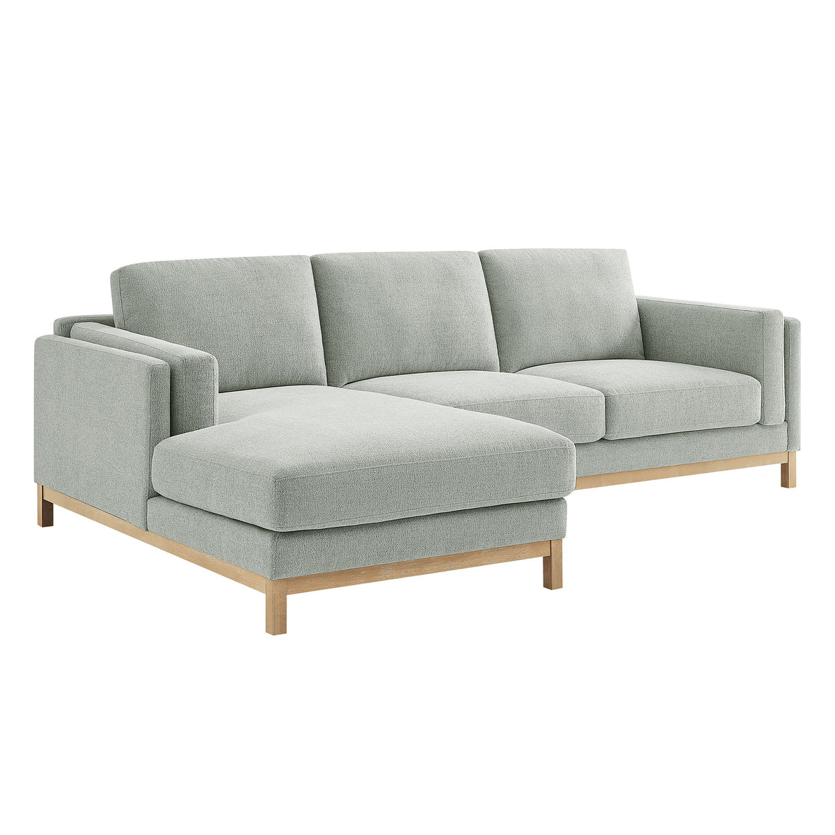 Roscoe left-facing fabric sectional sofa with chaise in light gray upholstery and wood legs on Tampa Home & Garden Store