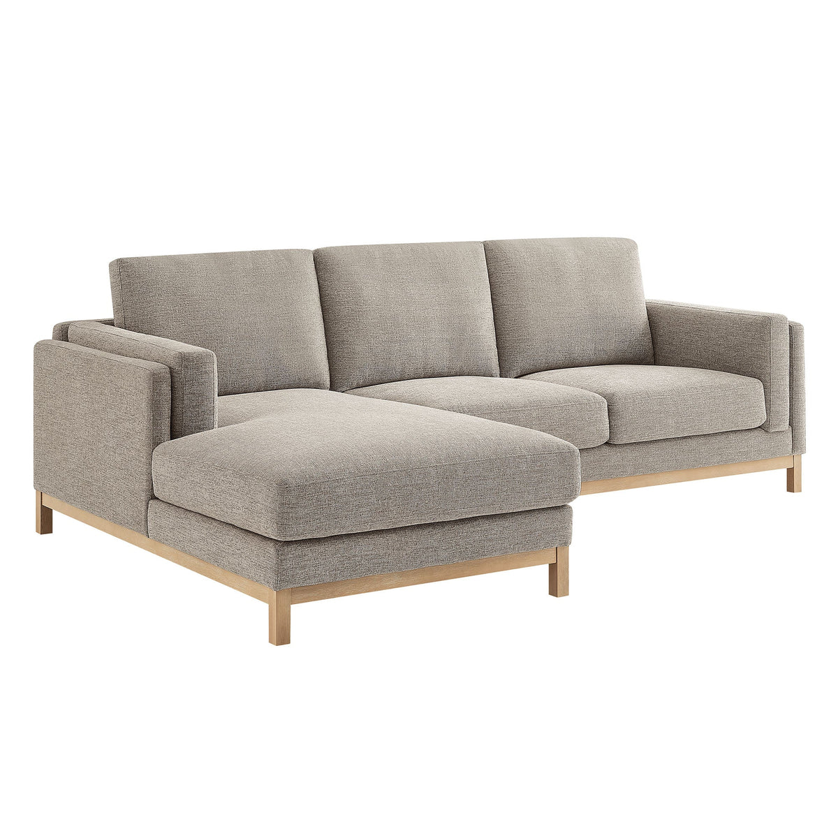Roscoe left-facing fabric sectional sofa with chaise in light gray upholstery with wood legs on Tampa Home & Garden Store