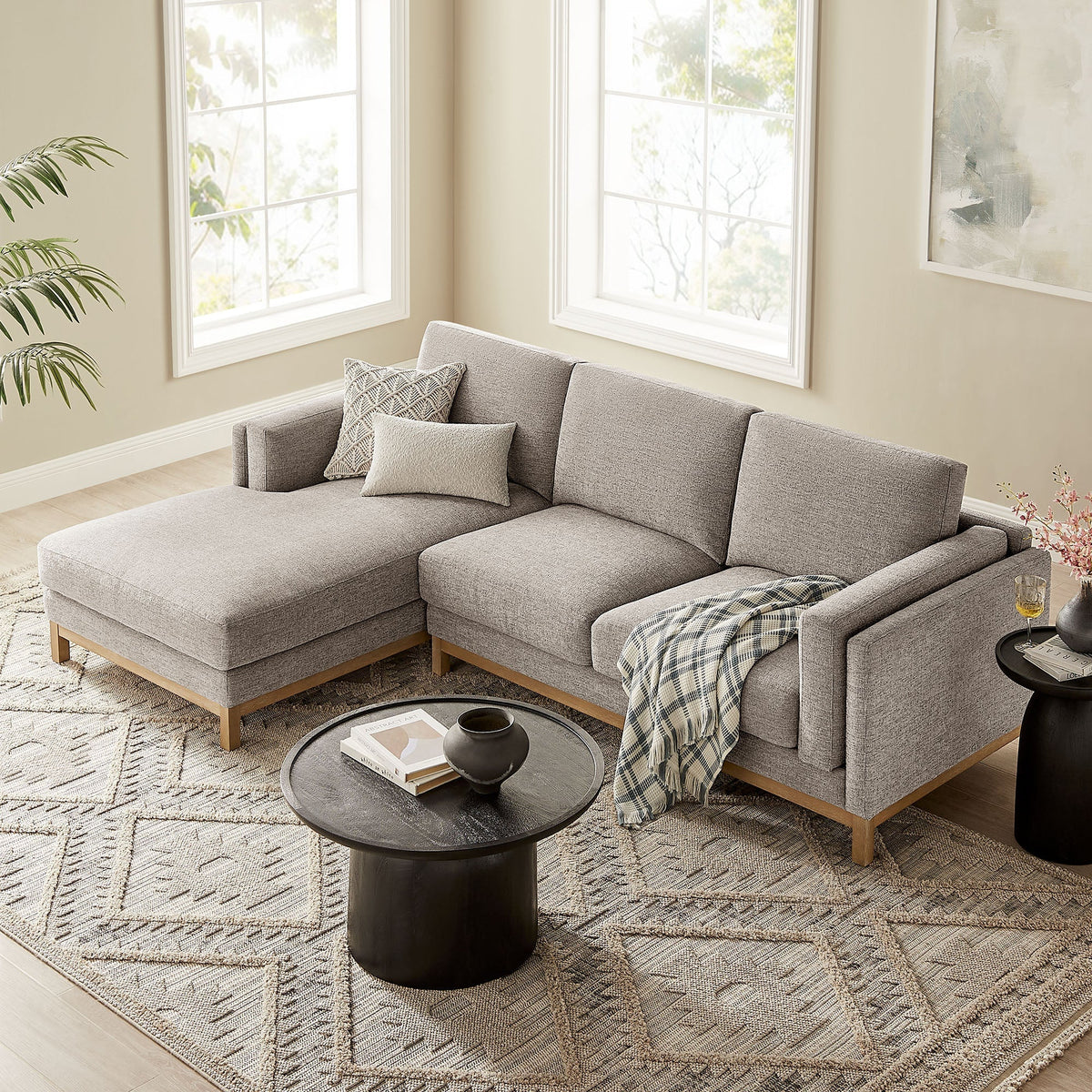 Roscoe left-facing Modway fabric sectional sofa with chaise in light gray, wooden legs on Tampa Home & Garden Store