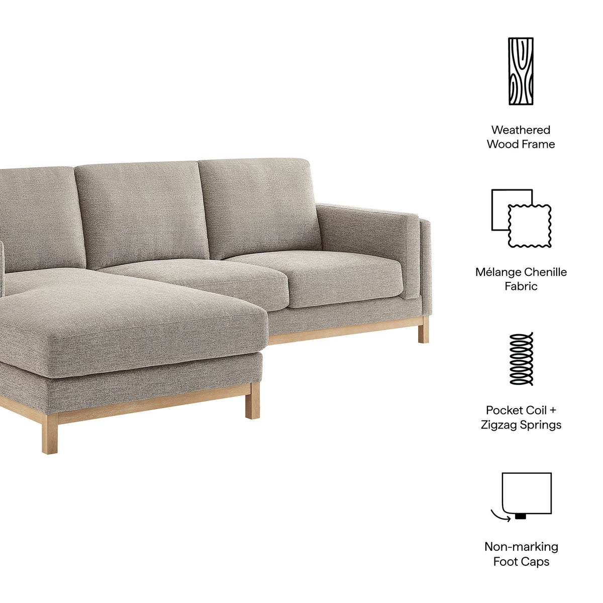 Roscoe left-facing fabric sectional sofa with chaise in beige upholstery wood legs by Modway on Tampa Home & Garden Store