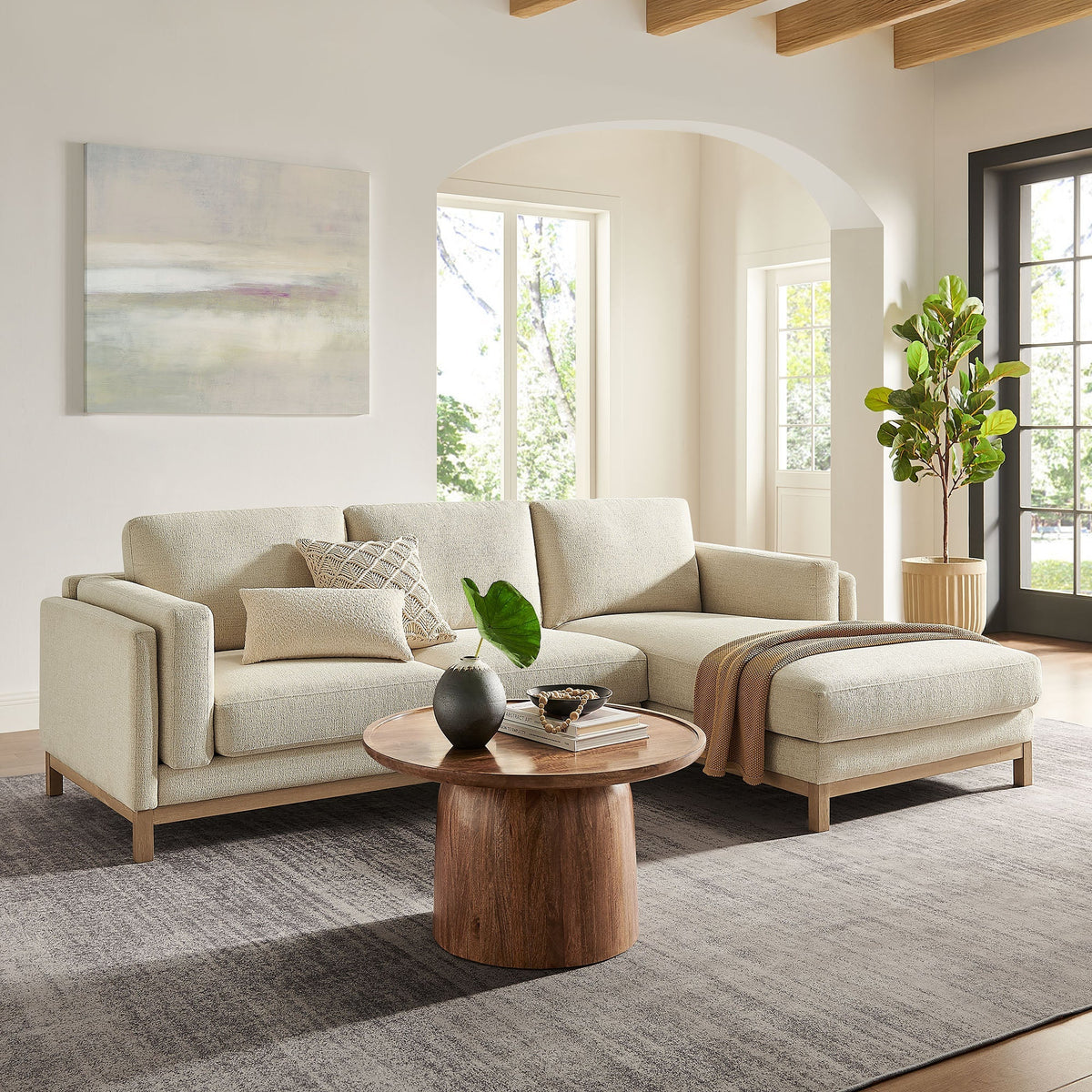 Roscoe Right-Facing Fabric Sectional Sofa with Chaise beige fabric upholstery in bright living room on Tampa Home & Garden Store