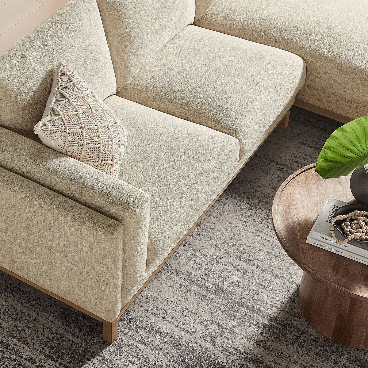 Roscoe right-facing beige fabric sectional with chaise; textured upholstery, woven pillow on Tampa Home & Garden Store