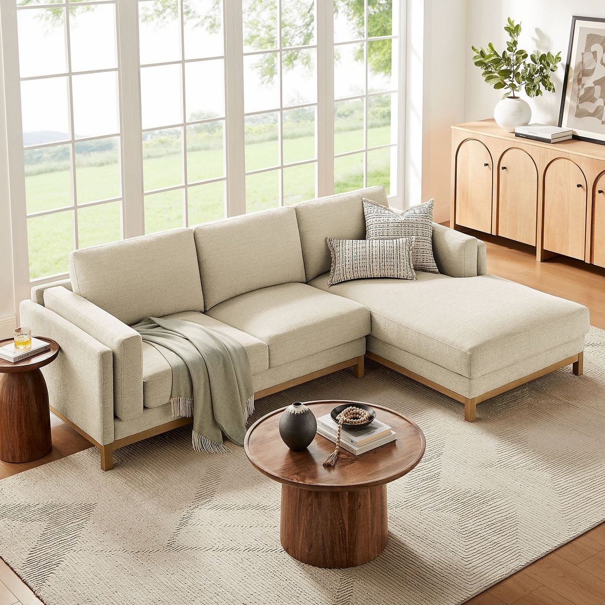 Roscoe right-facing fabric sectional sofa with chaise in beige upholstery by HouseOfZazla on Tampa Home & Garden Store