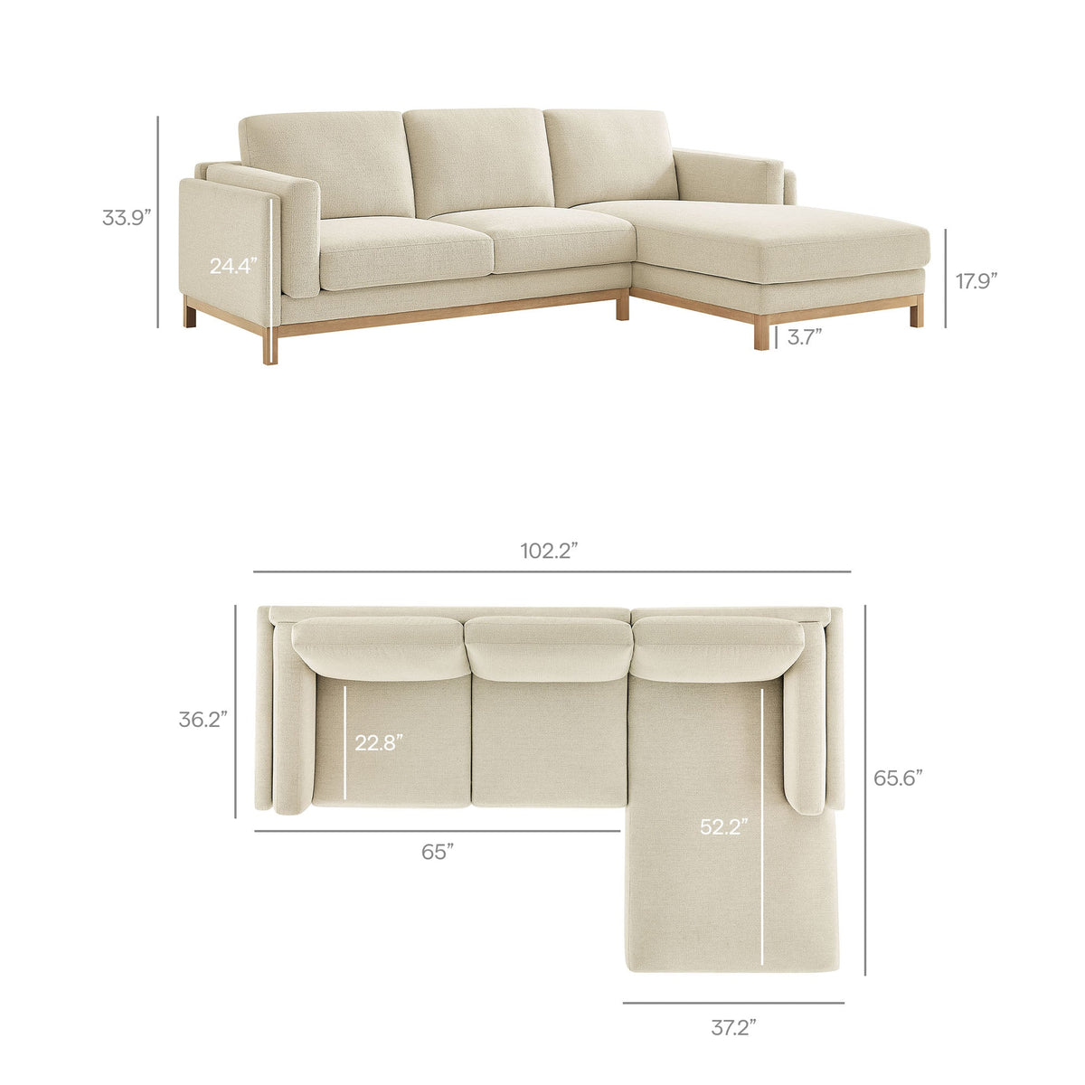 Roscoe right-facing fabric sectional sofa with chaise in beige upholstery and wooden legs on Tampa Home & Garden Store